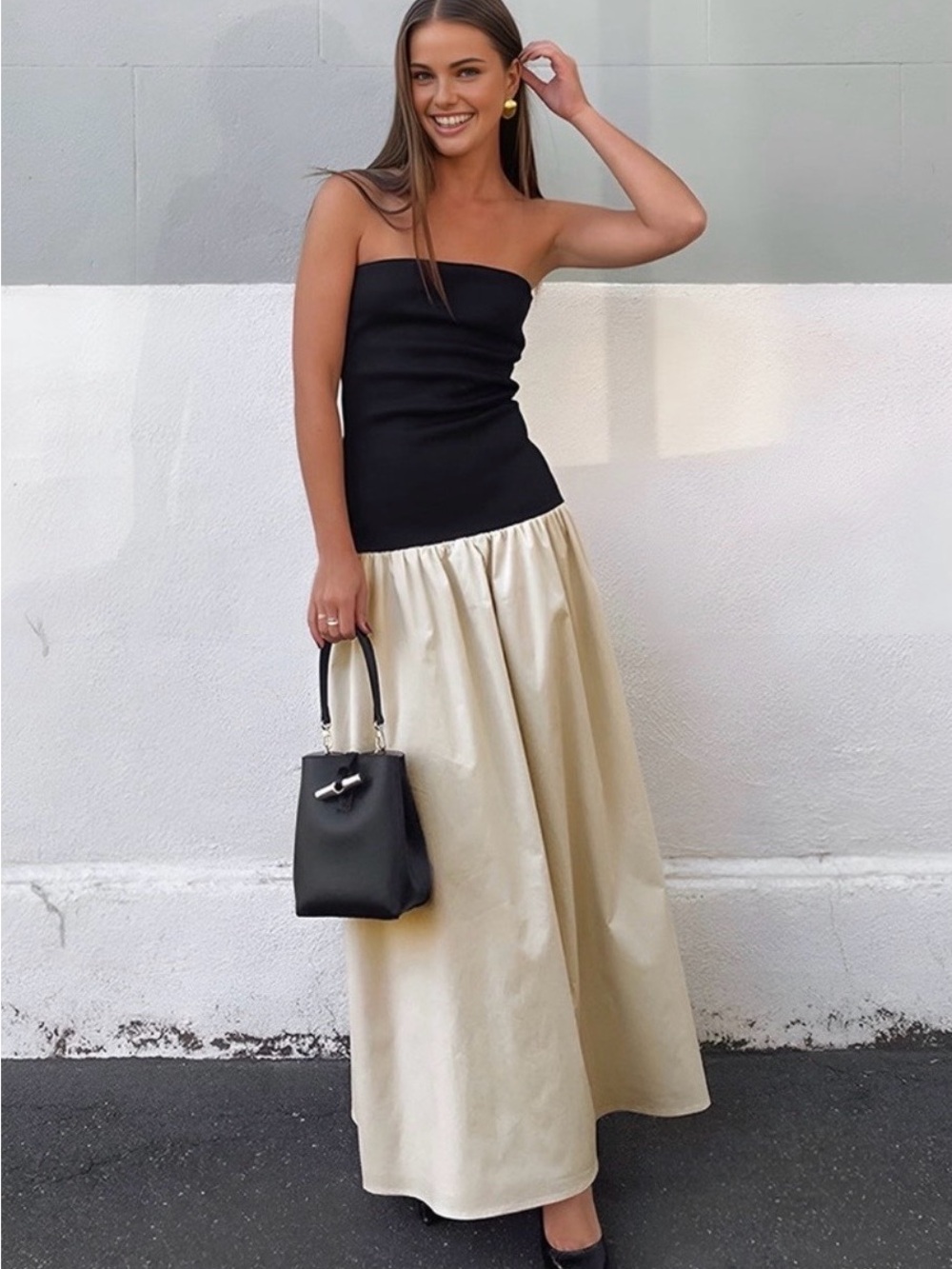Abercrombie & Fitch | Black & Beige Contrast Chic Strapless Dress w/ Pockets S - Picture 2 of 8